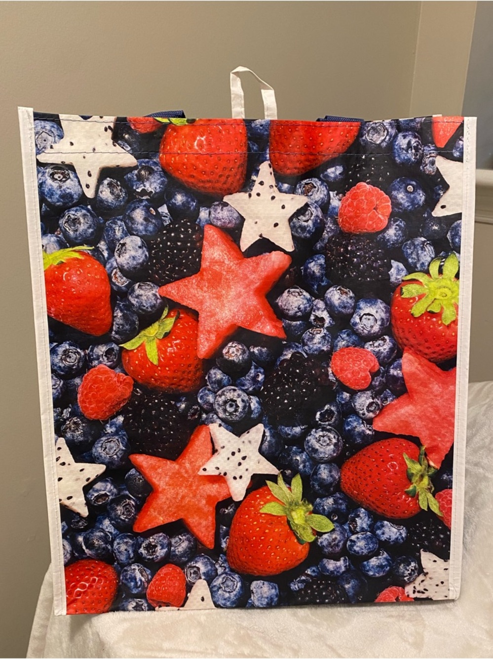 🌸 Fruit Pattern Reusable Tote Bag - Red Blue Strawberry Design